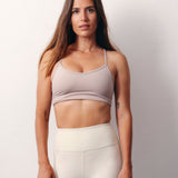 Frida Taupe Top. High-support sports top made from recycled fabric