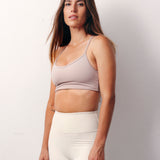 Frida Taupe Top. High-support sports top made from recycled fabric