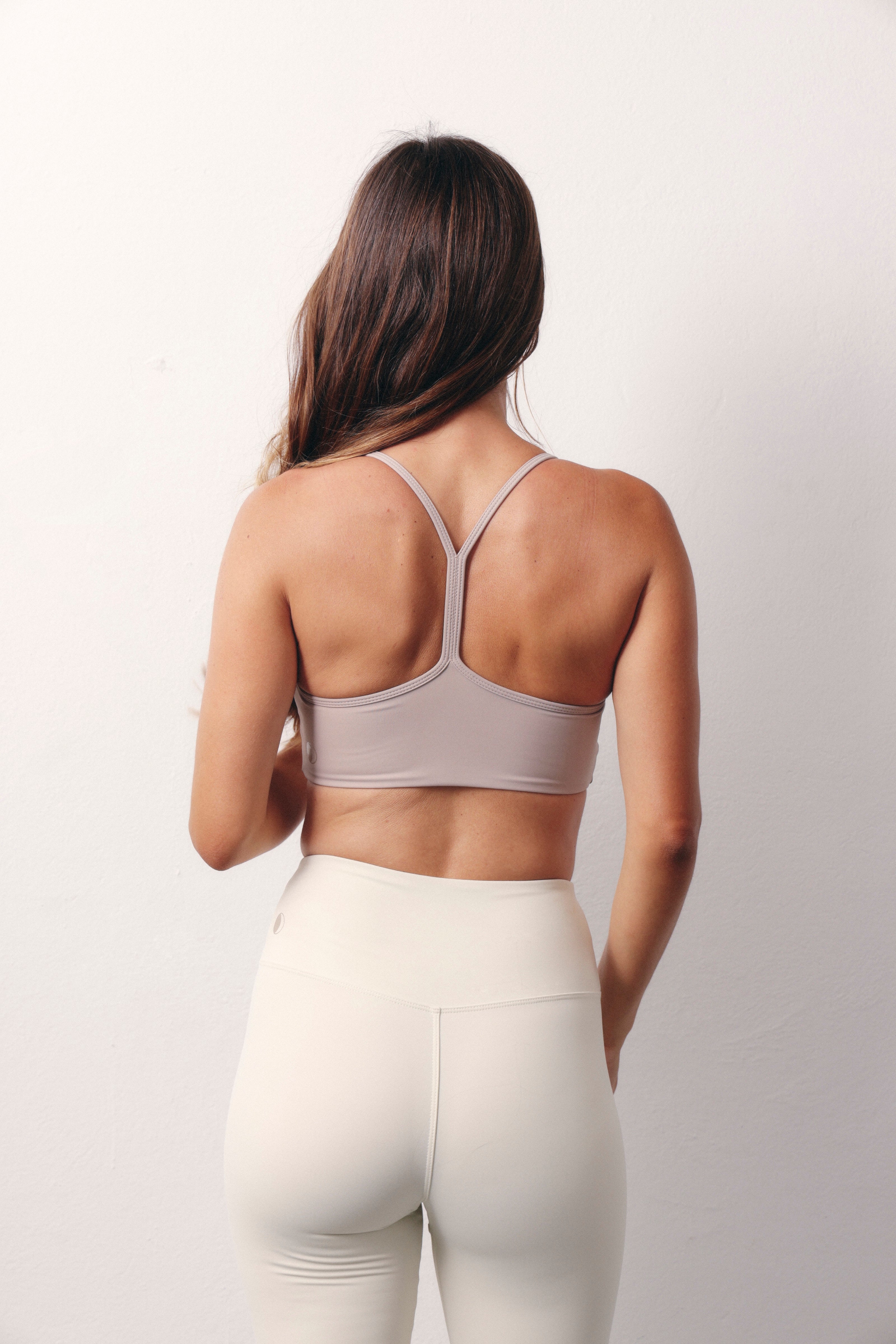 Frida Taupe Top. High-support sports top made from recycled fabric