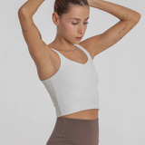 Estela Crop Top Stone. Sustainable yoga top. woman