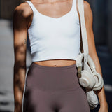 Estela Crop Top Stone. Sustainable yoga top. woman